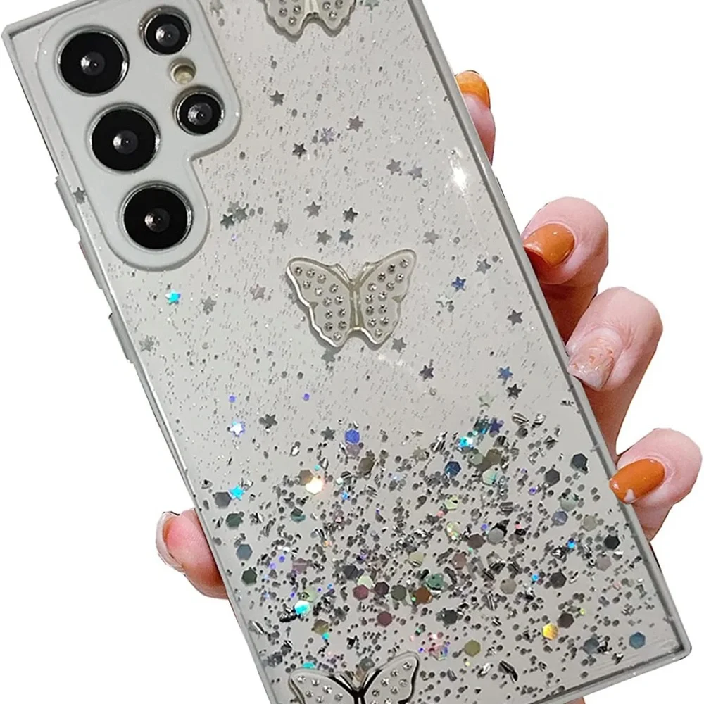 Samsung Galaxy S22 Ultra 5G Case Clear Glitter Butterfly Sparkly Bling (White)